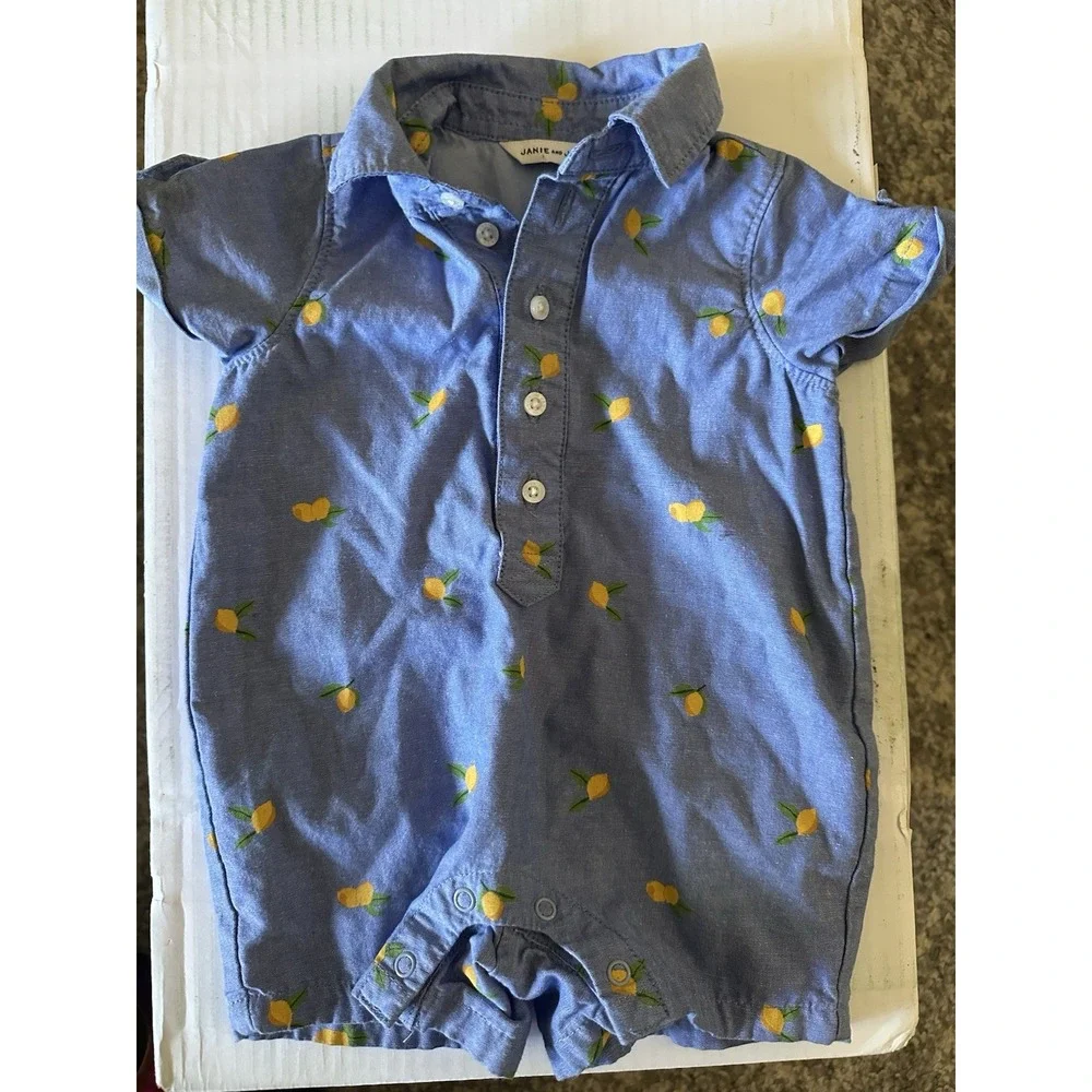 Janie and Jack Size 0-3 Girls Denim Short Sleeve Romper Lemons
